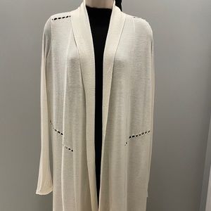 Elie Tahari Elegant Ivory Long Wool Sheer Cardigan Pearl Detail Women's XS